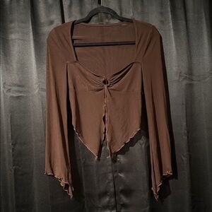 Brown Flowy Mesh Long Sleeve Top